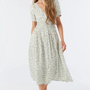 O'Neill Romie Floral Short Sleeve Button Front Smocked Waist Midi Dress NWT